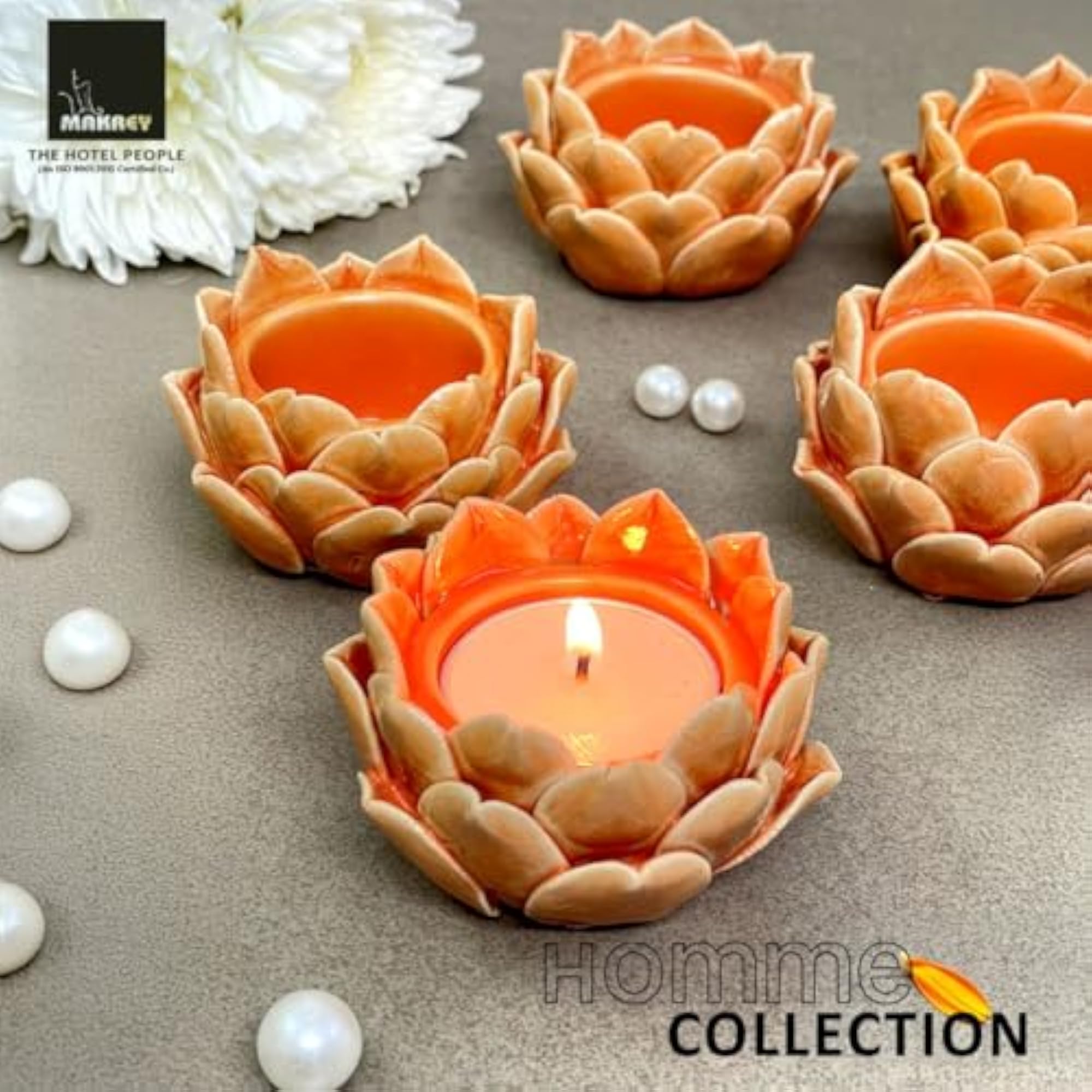 Ceramic Lotus Flower Diya Candle Holder Set, 4pcs